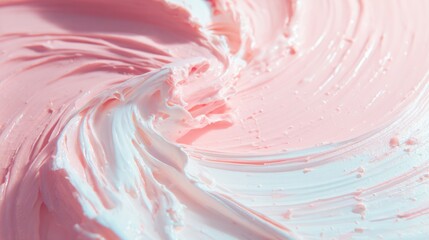 Colorful pink and white icing spread on a surface in a kitchen setting
