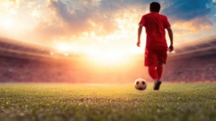 Soccer player in red jersey walks towards ball on field during sunset