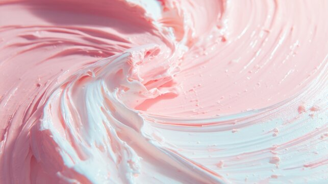 Colorful pink and white icing spread on a surface in a kitchen setting