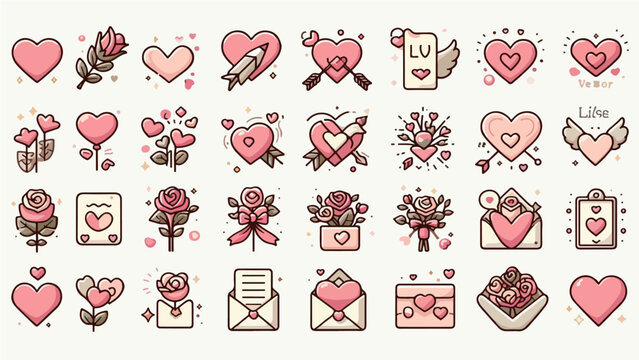 Cute Pink Valentine Love Icon Set with Hearts, Roses, and Letters