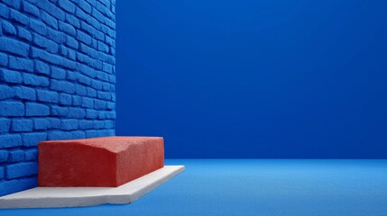 Rectangular red stone block sits on a white pedestal next to a vibrant blue brick wall