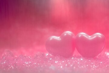 Two Soft Pink Hearts on Sparkling Surface with Blurred Pink Background for Romantic Theme