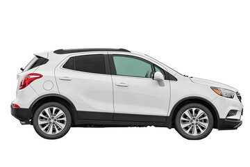 Fototapeta premium White compact SUV shown in side profile with clean white background. Highlights vehicle's modern design, wheels, doors, and exterior details. Suitable for automotive and transport themes.