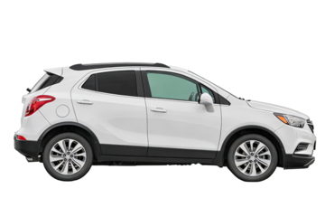 White compact SUV shown in side profile with clean white background. Highlights vehicle's modern design, wheels, doors, and exterior details. Suitable for automotive and transport themes.
