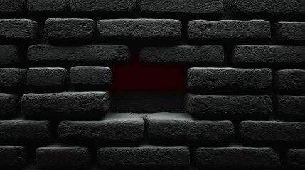 A textured black brick wall features a single missing brick revealing a deep red glow inside the gap