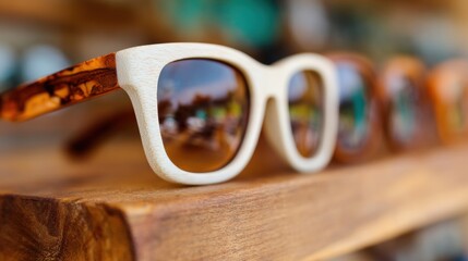 Wooden framed sunglasses on display at a shop showcase in bright light