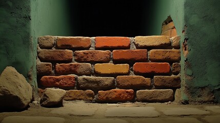 Red and orange bricks are stacked into a small wall inside a green weathered stone alcove