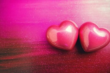 Fototapeta premium Two Glimmering Pink Hearts on a Shimmering Surface for Romantic Themes and Love Concepts
