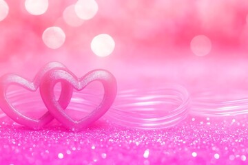 Two Pink Heart Shapes on a Sparkling Pink Background with Soft Bokeh Lights