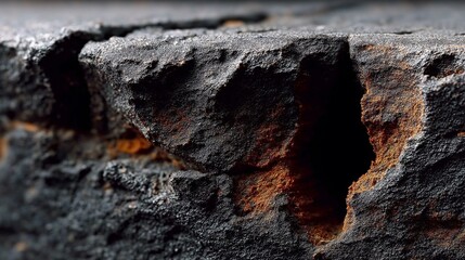 Macro view shows a black textured surface with deep vertical cracks and orange details
