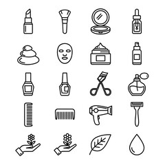 A collection of beauty and cosmetic icons, including lipstick, brush, mirror, serum, stones, mask, cream, spray, nail polish, eyelash curler, perfume, comb, hairdryer, razor, flower, and a leaf.