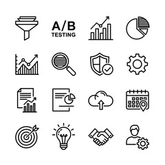 A collection of modern, minimalist line icons representing business, data analysis, A/B testing, and various related concepts, perfect for web design and marketing materials.