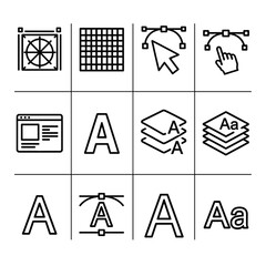 A vector illustration presents a collection of graphic design icons, including tools and elements for web design, typography, and layout, shown in a clean, minimalist style on a white background.