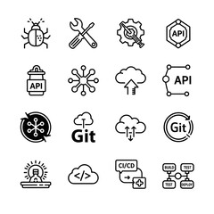 A collection of modern software development icons, including bugs, gears, cloud computing, and API symbols, are arranged in a grid, representing technology and innovation.