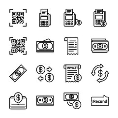 A collection of financial icons in a clean, minimalist style, showcasing payment methods, transactions, receipts, and currency symbols, perfect for business and commerce related projects.
