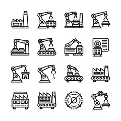 A collection of line art icons depicting automated industrial processes, including factory buildings, robotic arms, and production line elements in a modern, illustrative style.