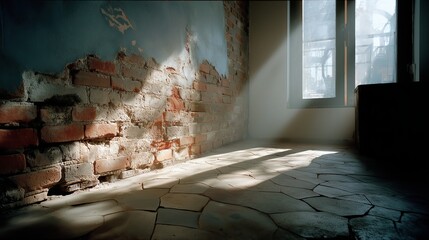 Bright sunbeams illuminate a derelict interior featuring an old brick wall and cracked stone flooring