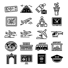 A collection of stylized black and white airport and travel icons, including airplanes, tickets, luggage, and a control tower, perfect for design and illustrating travel concepts.