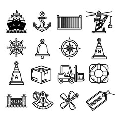 A collection of nautical and shipping icons in a clean, minimalist black and white style, perfect for illustrating concepts related to maritime transport and commerce.