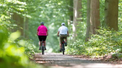 Couple riding bicycles on a forest trail surrounded by trees