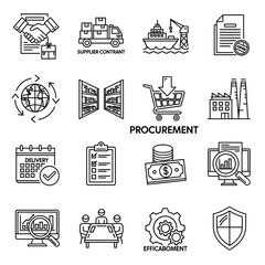 A vector illustration depicts various procurement and supply chain management icons, representing business transactions, logistics, and financial aspects in a clean, modern style.