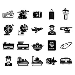 A vector illustration presents a collection of airport-related icons, including airplanes, luggage, control tower, radar, tickets, and travel symbols, perfect for design needs.
