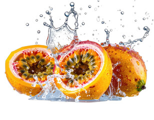Vivid close-up shot of juicy passion fruits sliced open, with water splash