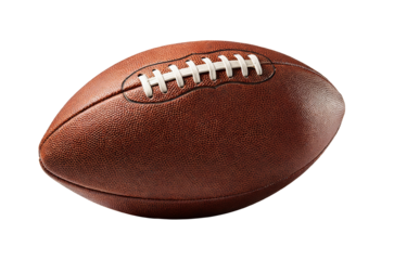 Closeup of a brown leather American football with white laces, isolated on white background. Used in team sports competitions, training, and recreational activities.