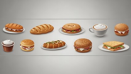 Collection of Delicious Fast Food and Drink Items Including Sandwiches, Burgers, Bread, and Coffee