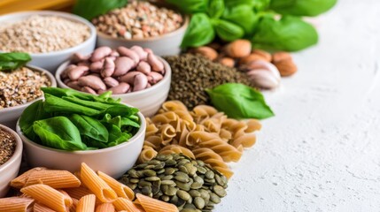 Different types of food ingredients displayed on a light background