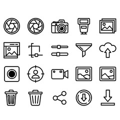 A collection of illustrated photography and image editing icons, presented in a clean, minimalist style, perfect for digital design and user interface elements, on a white background.