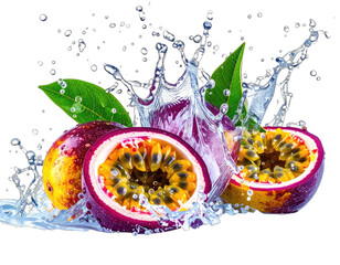 Passion fruit halves with leaves and water splash against black background