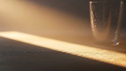Sunlight stream illuminates dust particles on a textured surface near a clear glass, creating a serene and atmospheric scene
