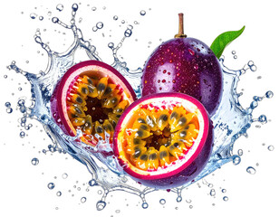 Vivid photo of passion fruits, one whole and one sliced, with water splash on black