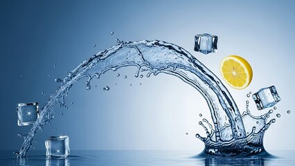 Refreshing Splash of Water with Ice Cubes and Lemon Slice on a Blue Background