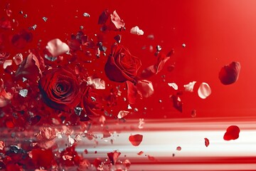 Red Roses and Petals in Motion with Abstract Background for Romantic Themes