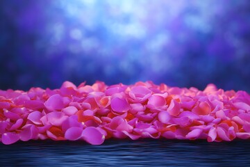 Vibrant Pink Flower Petals Resting on Water Surface with Blue Bokeh Background