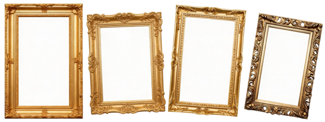 Four ornate golden picture frames, varying in decorative details, suitable for displaying artwork. Vintage-inspired with intricate designs, isolated on white background.
