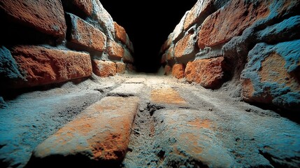 Low angle view of a narrow brick path disappearing into deep shadow and darkness