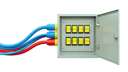 Electrical panel with switches and colorful cables