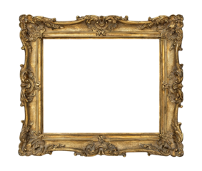Vintage ornate gold picture frame with intricate baroque carvings. Empty space for artwork, ideal for classic art display. Gilded, decorative design with elegant, retro aesthetic.