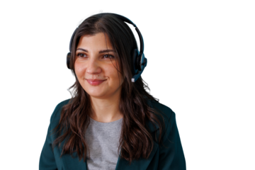 Happy woman wearing headset, providing customer support and assistance, smiling in a call center atmosphere on transparent background
