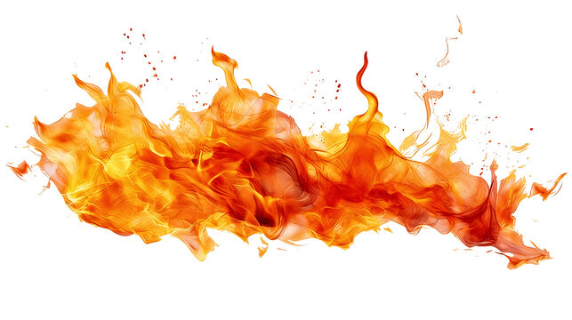 A dynamic, abstract representation of a vibrant orange flame with embers and sparks, conveying intense heat and energy through flowing, textured fire elements against a transparent background.