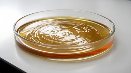 Close-up view of a petri dish containing a golden-brown liquid with swirling patterns, suggesting scientific research or experimentation