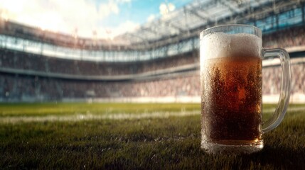 Beer sits on grass in stadium during sports event at sunset