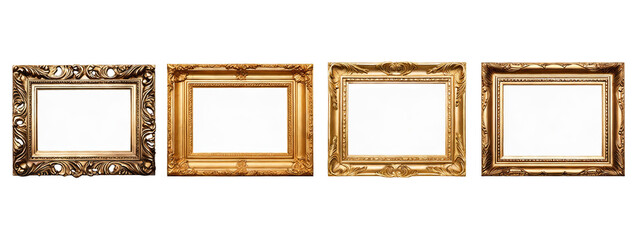 Four ornate golden vintage picture frames arranged in a row, ideal for showcasing artwork or photographs in classic style.