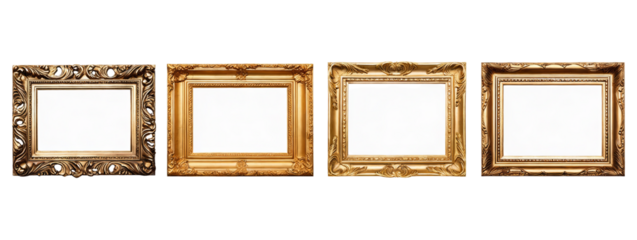 Four ornate golden vintage picture frames arranged in a row, ideal for showcasing artwork or photographs in classic style.