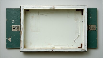 Distressed white wooden picture frame centered over aged green wood panels with metal hardware