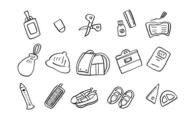 小学校・入学にまつわる手書き風のモノクロイラストセット