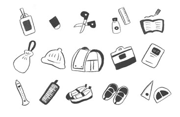 小学校・入学にまつわる手書き風のモノクロイラストセット